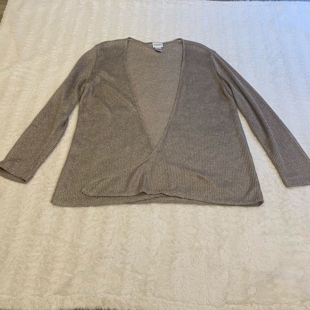 Chico’s gold metallic front tie cardigan
